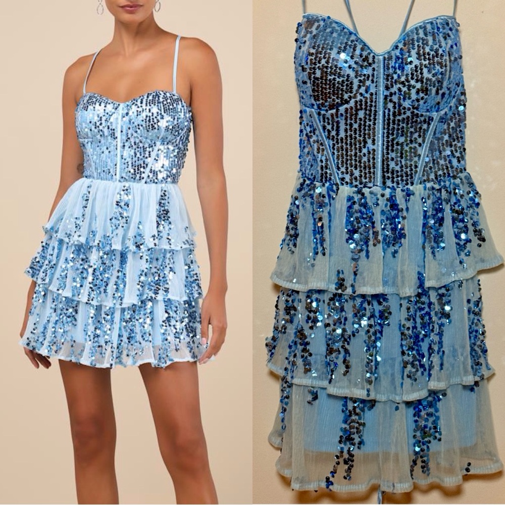 Blue Sequin Tiered Mini Dress – Sabrina Carpenter Short n’ Sweet Concert Style